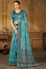Load image into Gallery viewer, Awesome Digital Printed Cyan Color Chanderi Silk Saree
