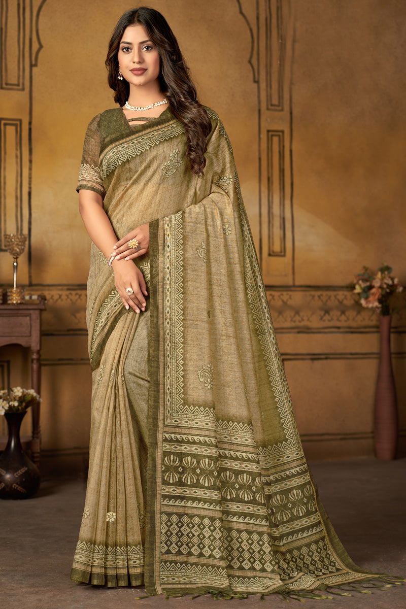 Digital Printed Engaging Beige Color Chanderi Silk Saree