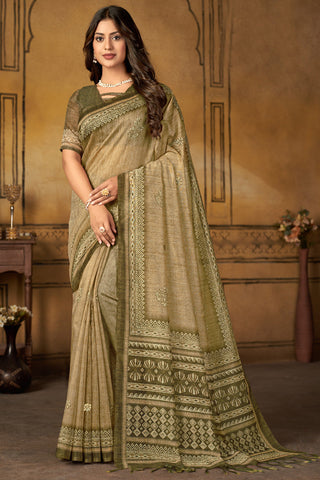 Digital Printed Engaging Beige Color Chanderi Silk Saree