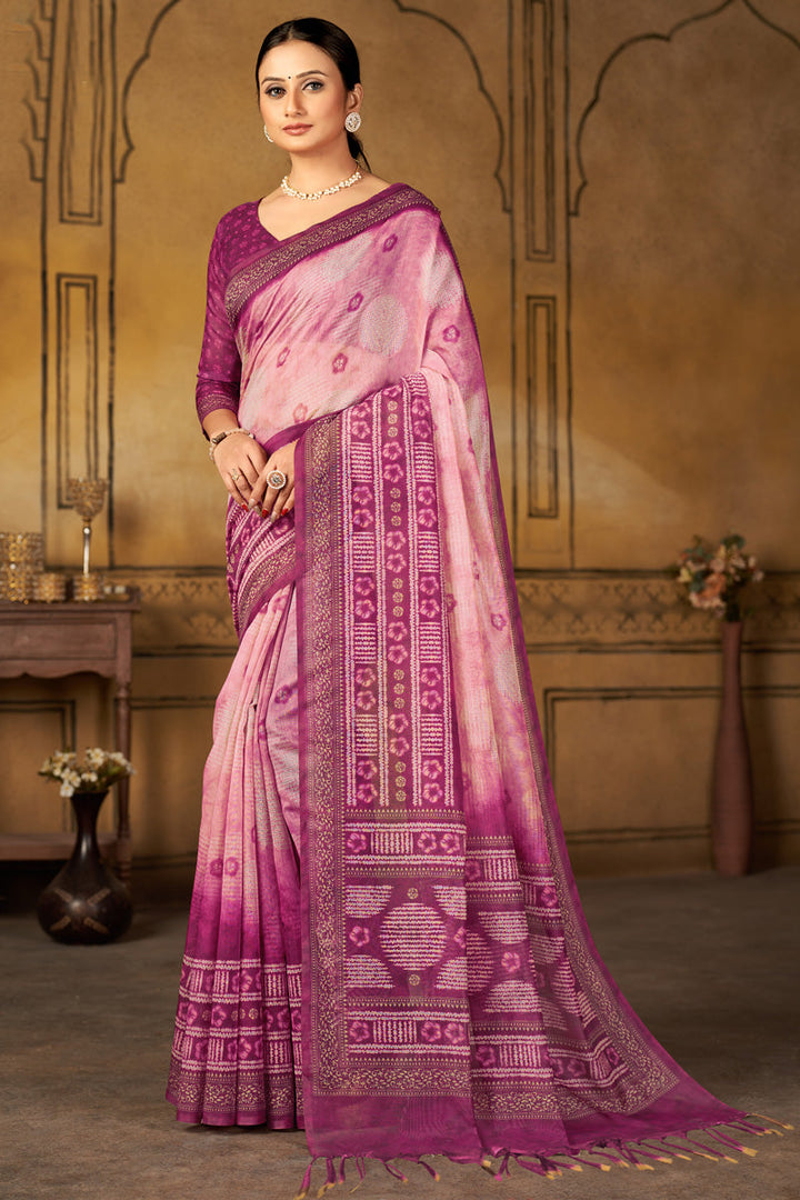 Winsome Pink Color Digital Printed Chanderi Silk Saree