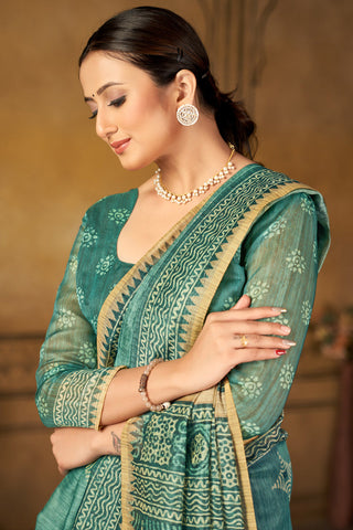 Glamorous Chanderi Silk Digital Printed Saree In Sea Green Color