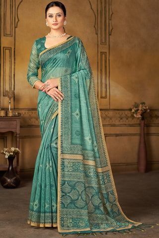 Glamorous Chanderi Silk Digital Printed Saree In Sea Green Color