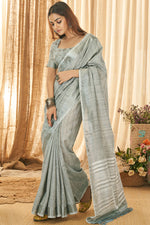 Load image into Gallery viewer, Grey Color Linen Fabric Vintage Saree With Weaving Work
