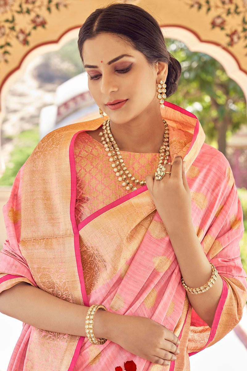 Beguiling Art Silk Fabric Weaving Work Festival Wear Saree In Pink Color