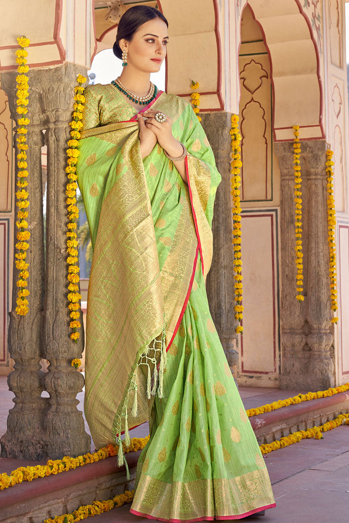 Alluring Green Color Festival Wear Weaving Work Saree In Art Silk Fabric