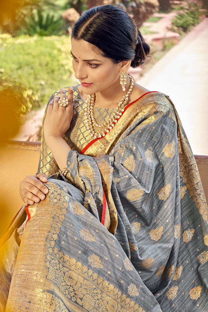 Grey Color Weaving Work Festival Wear Art Silk Fabric Splendid Saree