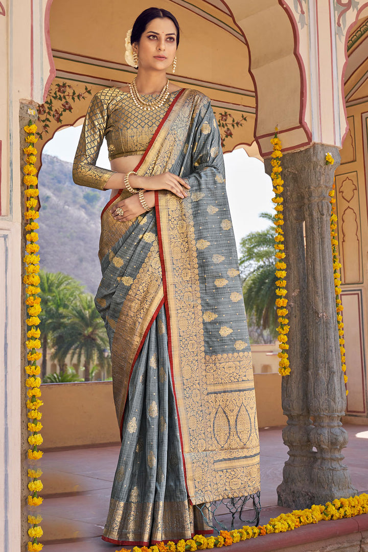 Grey Color Weaving Work Festival Wear Art Silk Fabric Splendid Saree