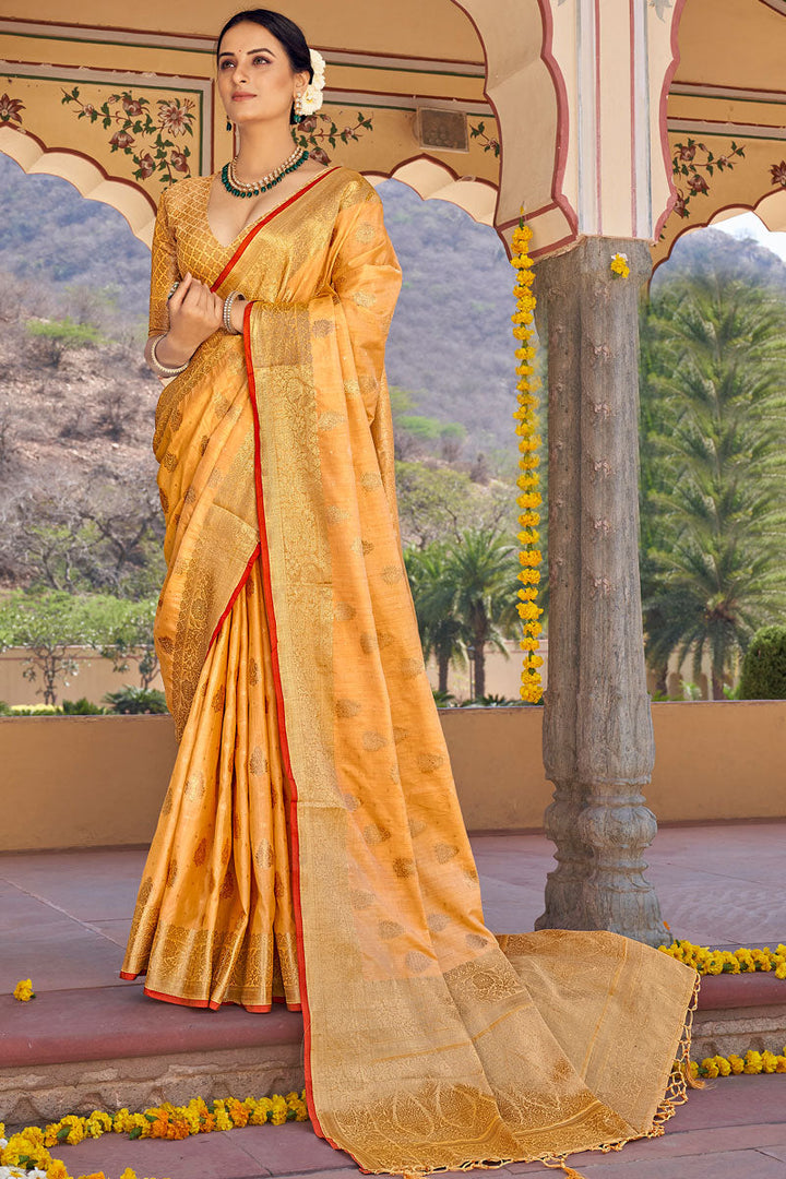 Attractive Art Silk Fabric Orange Color Weaving Work Festival Wear Saree