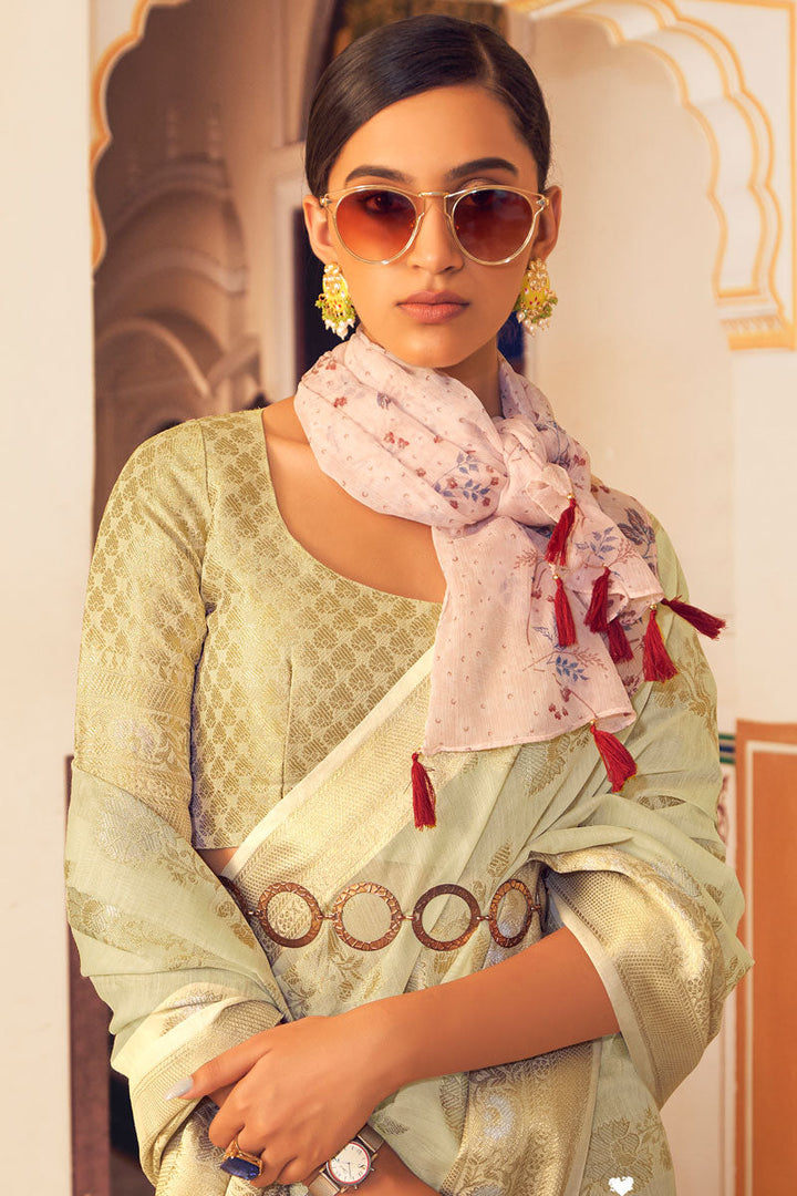 Superior Linen Fabric Beige Color Party Look Saree With Weaving Designs