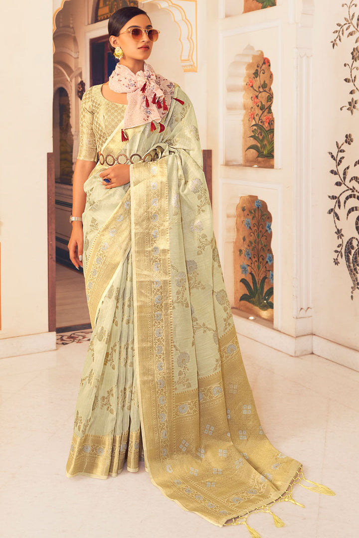 Superior Linen Fabric Beige Color Party Look Saree With Weaving Designs