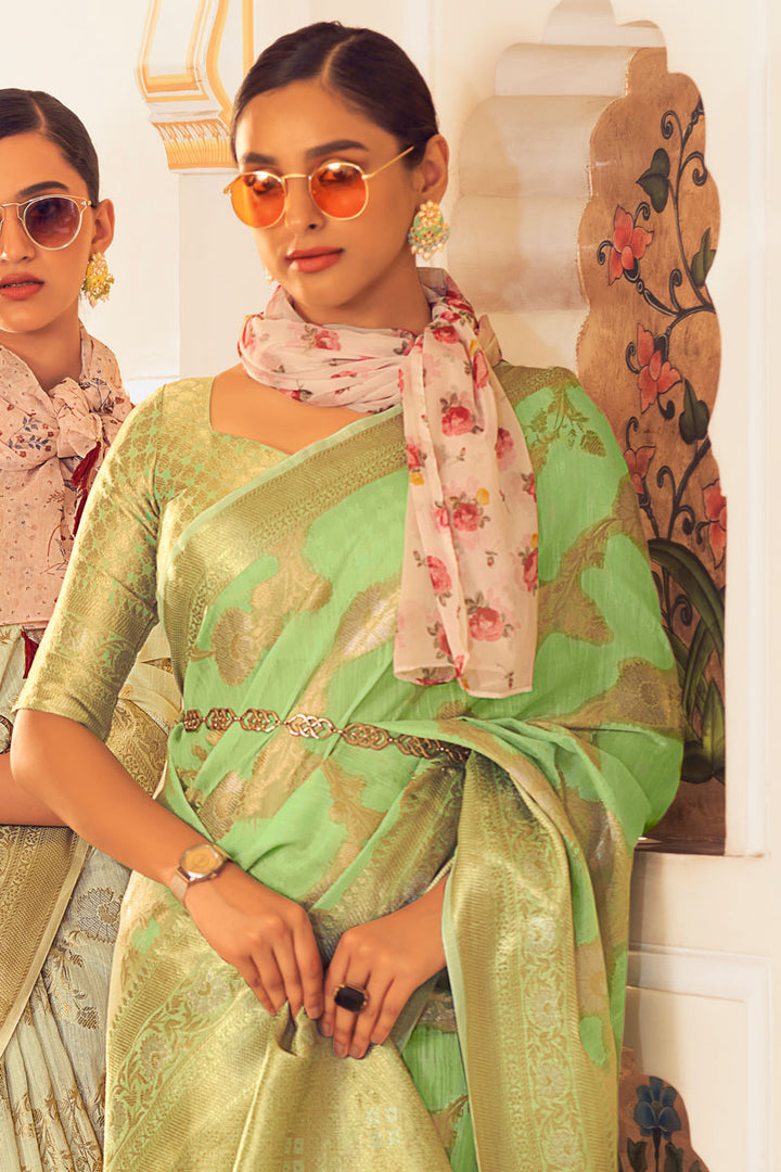 Sea Green Color Weaving Designs On Remarkable Linen Fabric Party Look Saree