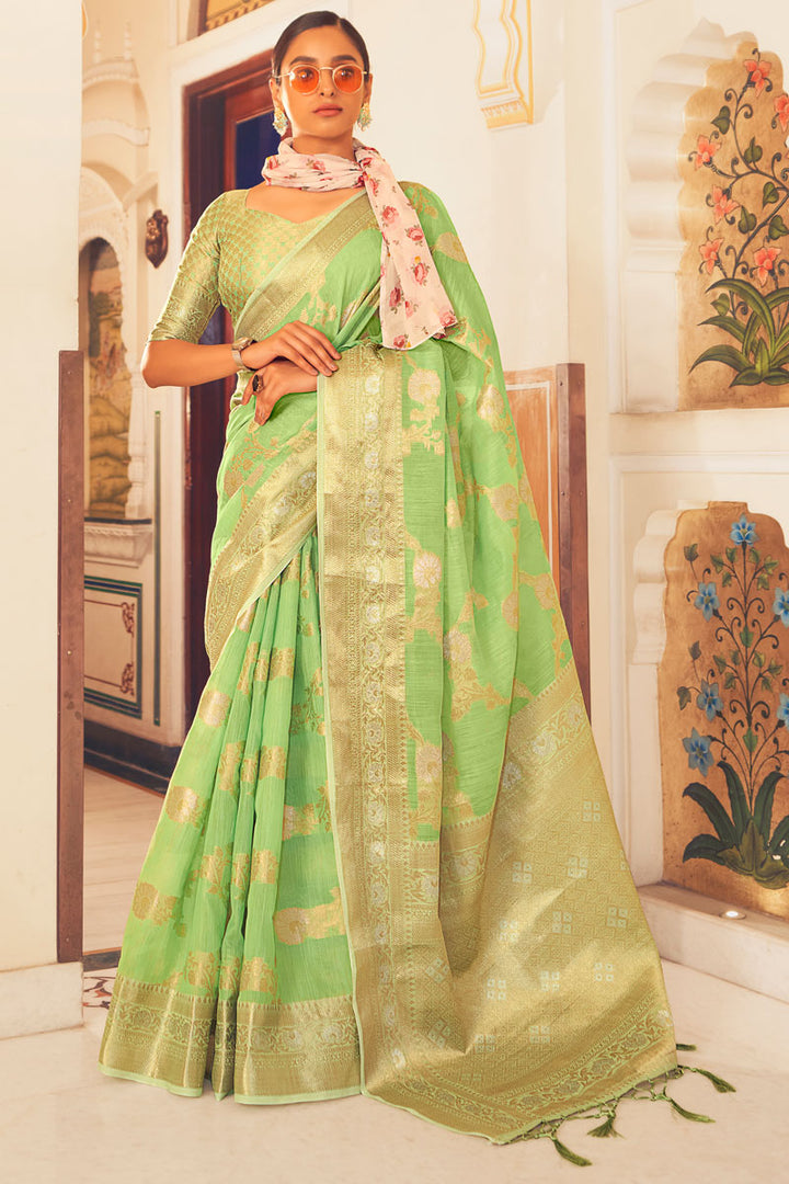Sea Green Color Weaving Designs On Remarkable Linen Fabric Party Look Saree