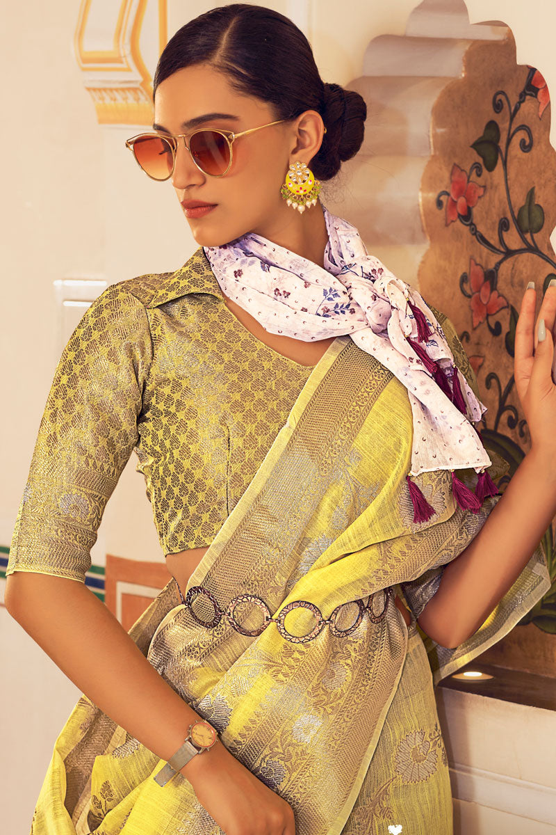 Fantastic Weaving Work On Yellow Color Party Look Saree In Linen Fabric