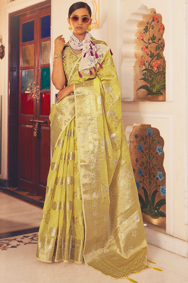 Fantastic Weaving Work On Yellow Color Party Look Saree In Linen Fabric