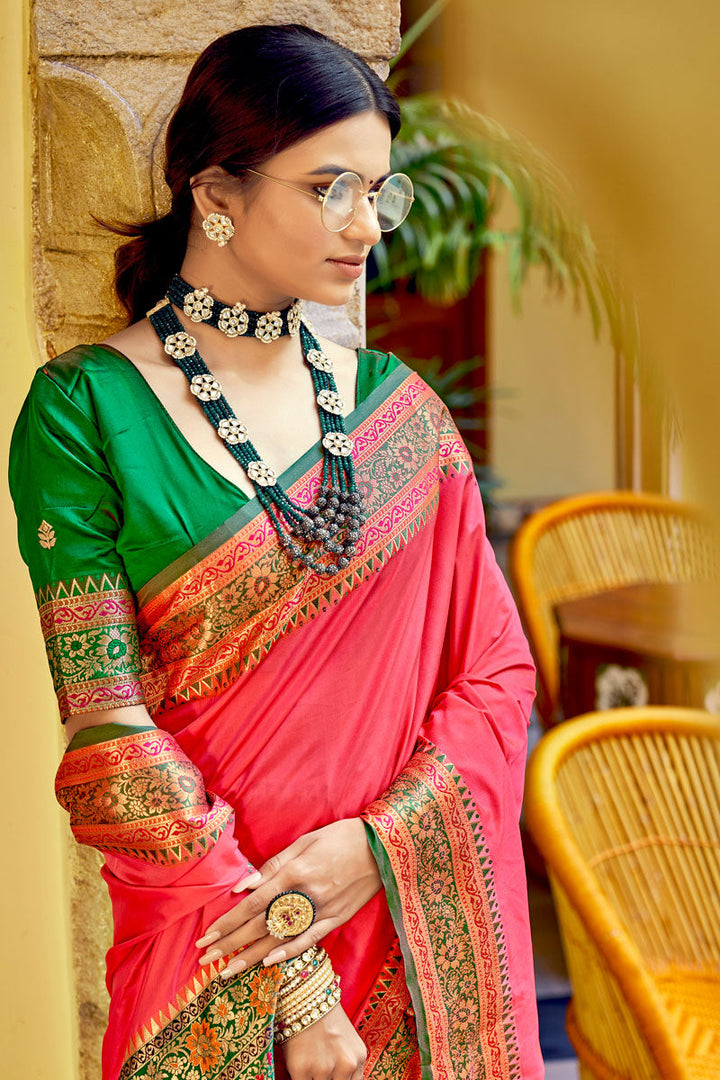 Pink Color Art Silk Fabric Weaving Work Superlative Saree