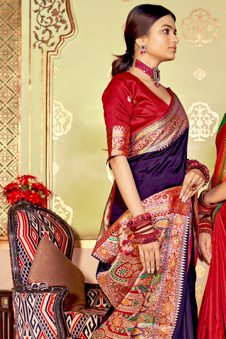 Art Silk Fabric Weaving Work Amazing Saree In Purple Color