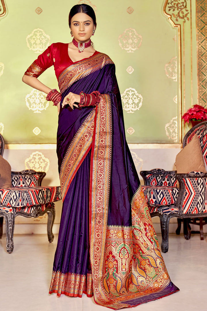 Art Silk Fabric Weaving Work Amazing Saree In Purple Color