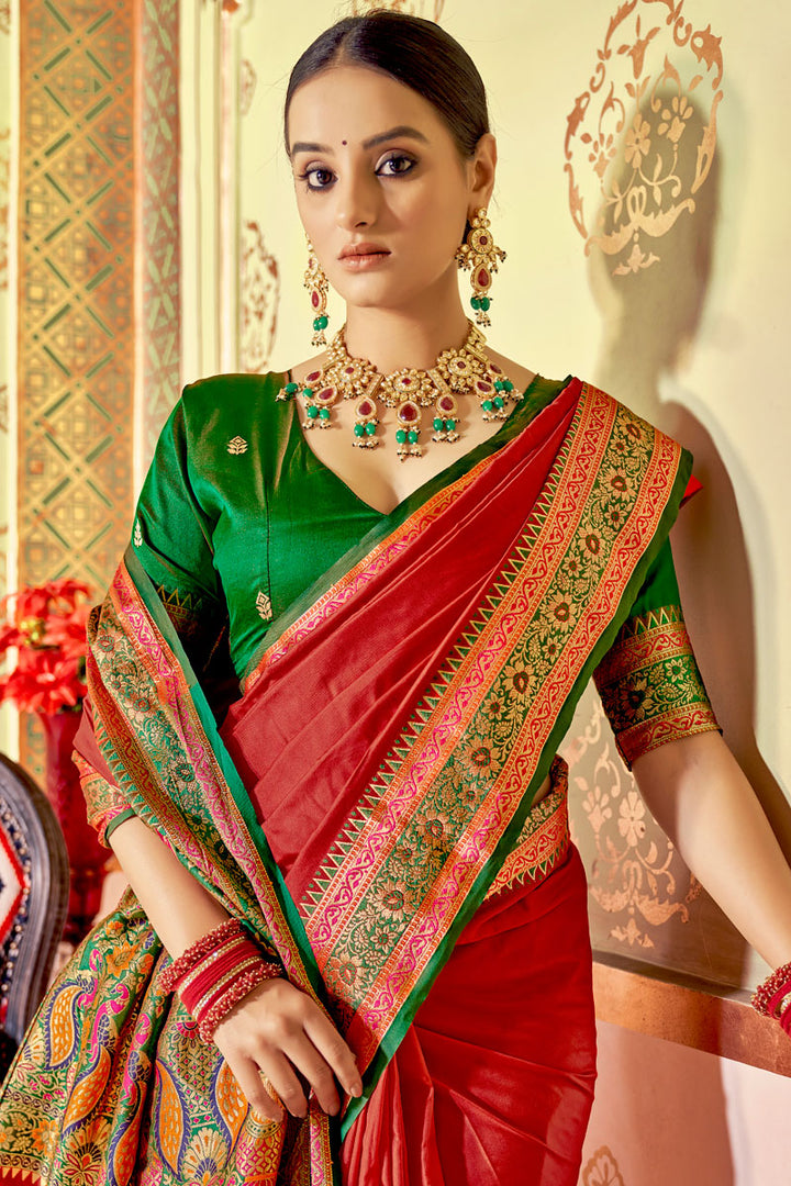 Art Silk Fabric Red Color Weaving Work Mesmeric Saree