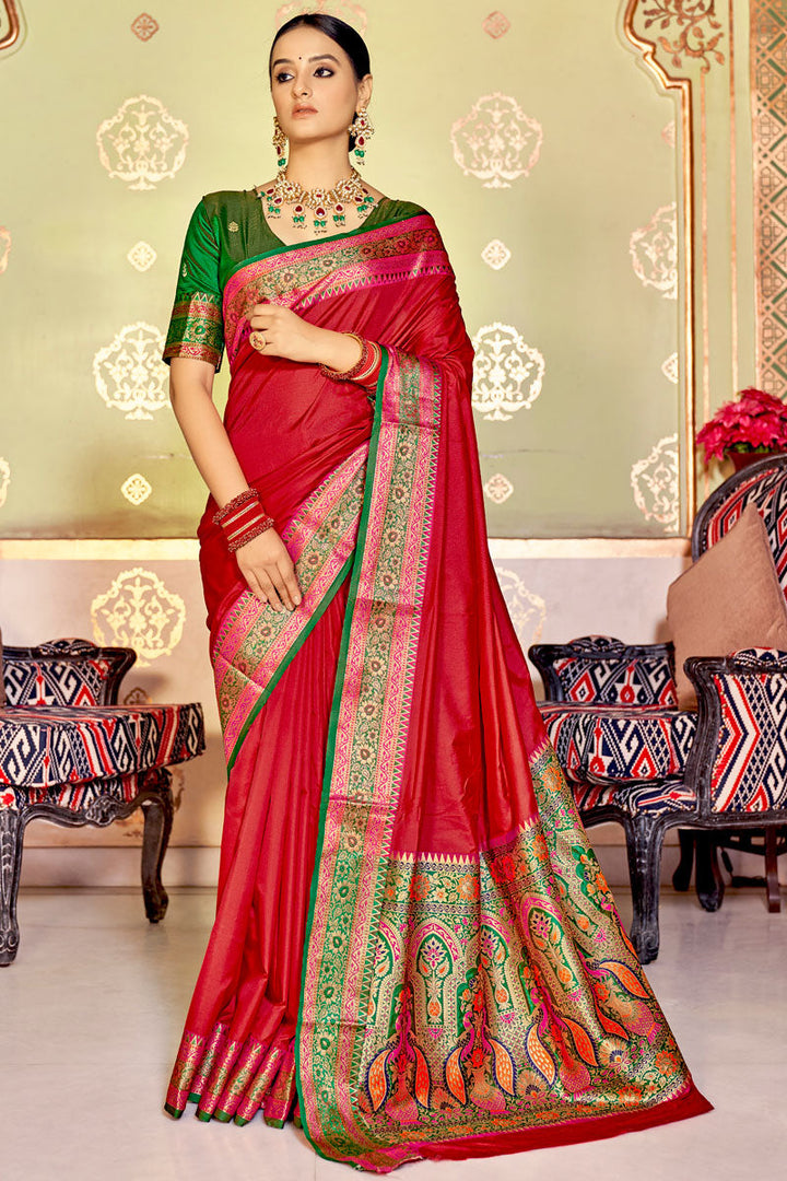 Art Silk Fabric Red Color Weaving Work Mesmeric Saree