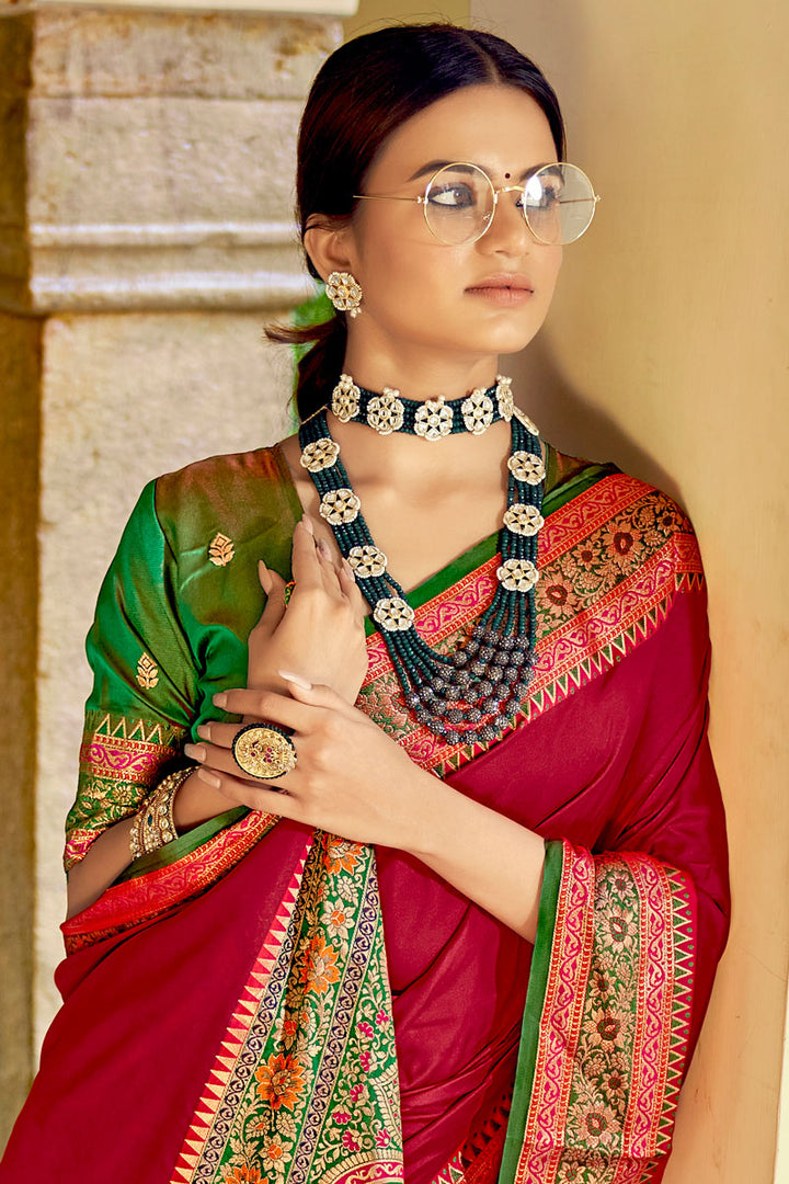 Maroon Color Weaving Work Art Silk Fabric Patterned Saree