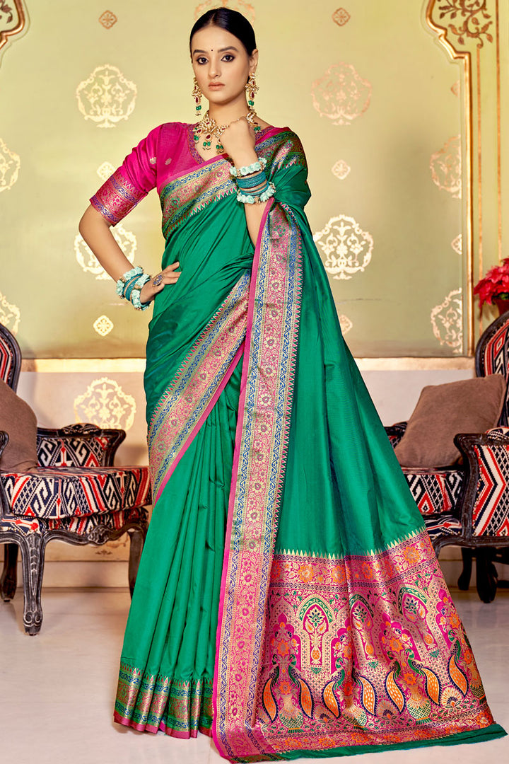 Green Color Weaving Work Art Silk Fabric Extravagant Saree