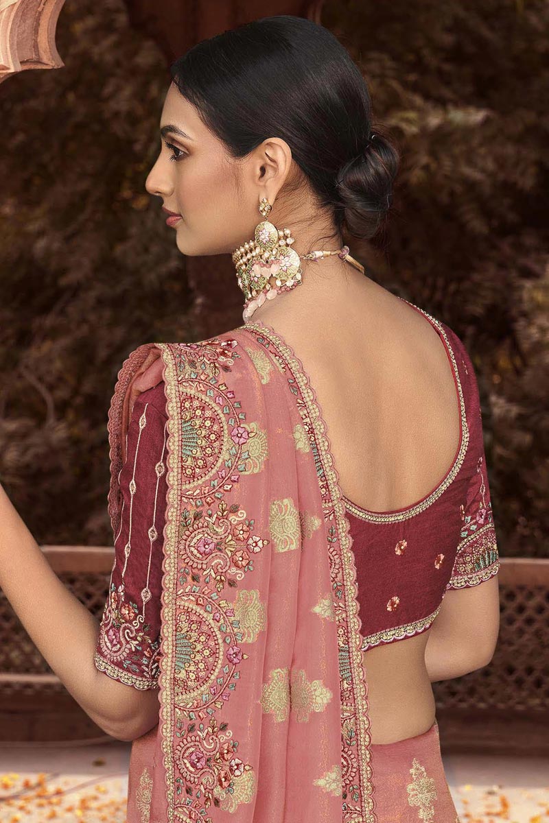 Tempting Peach Color Tissue Silk Saree With Embroidered Work