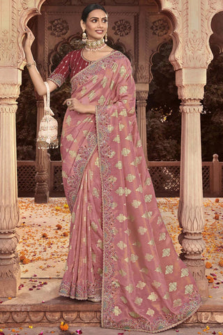 Tempting Peach Color Tissue Silk Saree With Embroidered Work