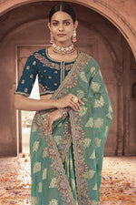 Load image into Gallery viewer, Engaging Sea Green Color Tissue Silk Saree With Embroidered Work
