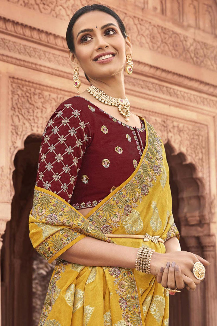 Amazing Embroidered Work On Yellow Color Tissue Silk Saree