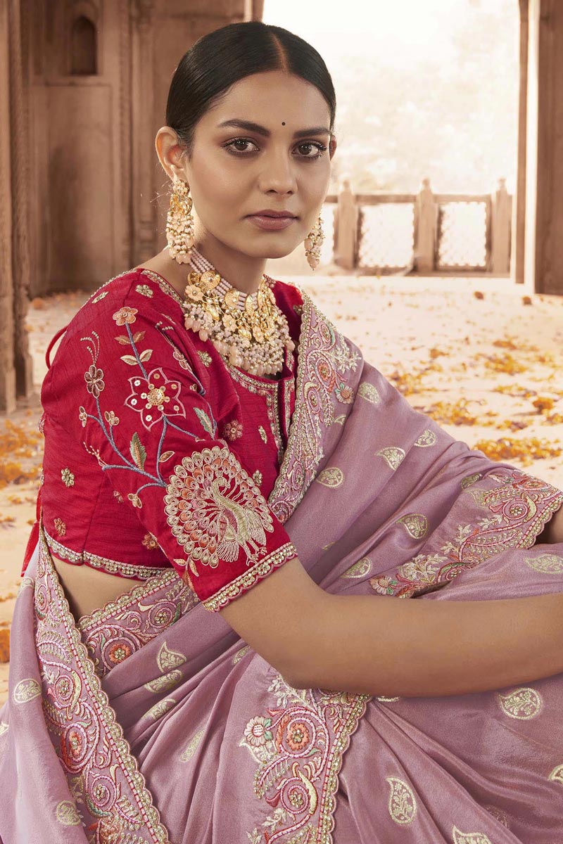 Excellent Purple Color Tissue Silk Saree With Embroidered Work