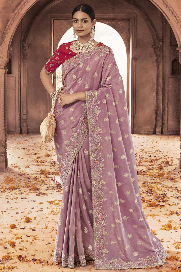 Excellent Purple Color Tissue Silk Saree With Embroidered Work