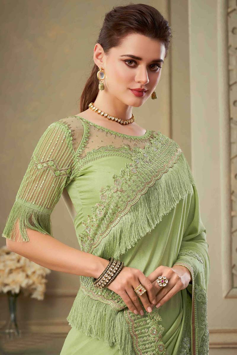 Sequins Work Georgette Silk Fabric Party Wear Luxurious Saree Featuring Eugeniya Belousova In Sea Green Color