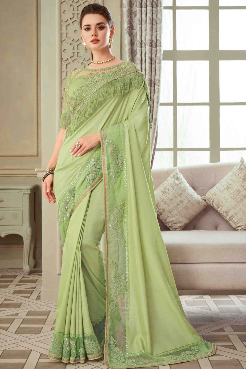 Sequins Work Georgette Silk Fabric Party Wear Luxurious Saree Featuring Eugeniya Belousova In Sea Green Color