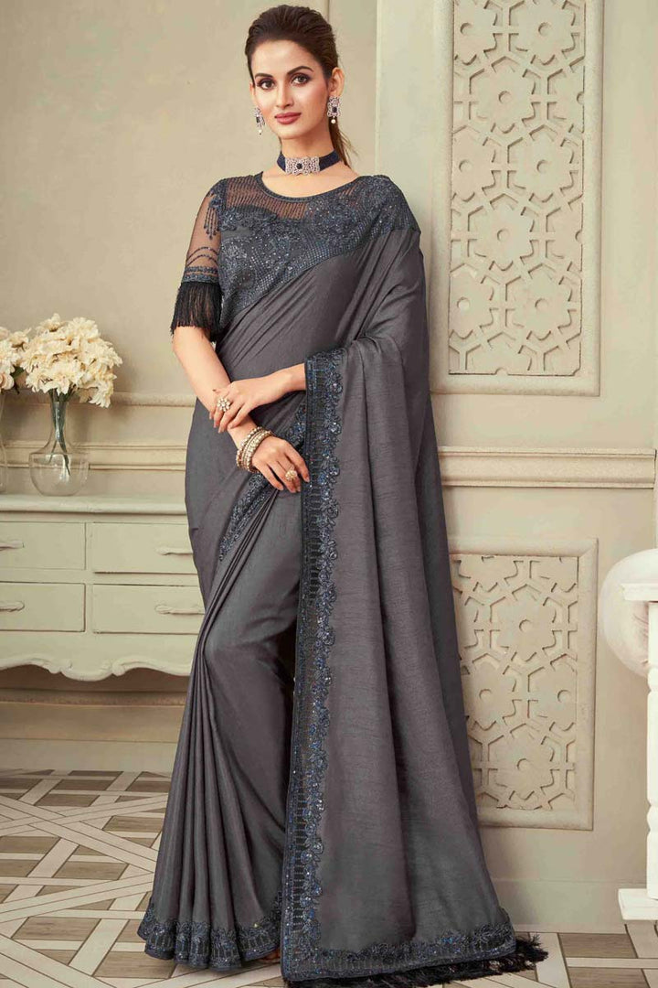 Georgette Silk Fabric Grey Color Party Wear Luminous Sequins Work Saree