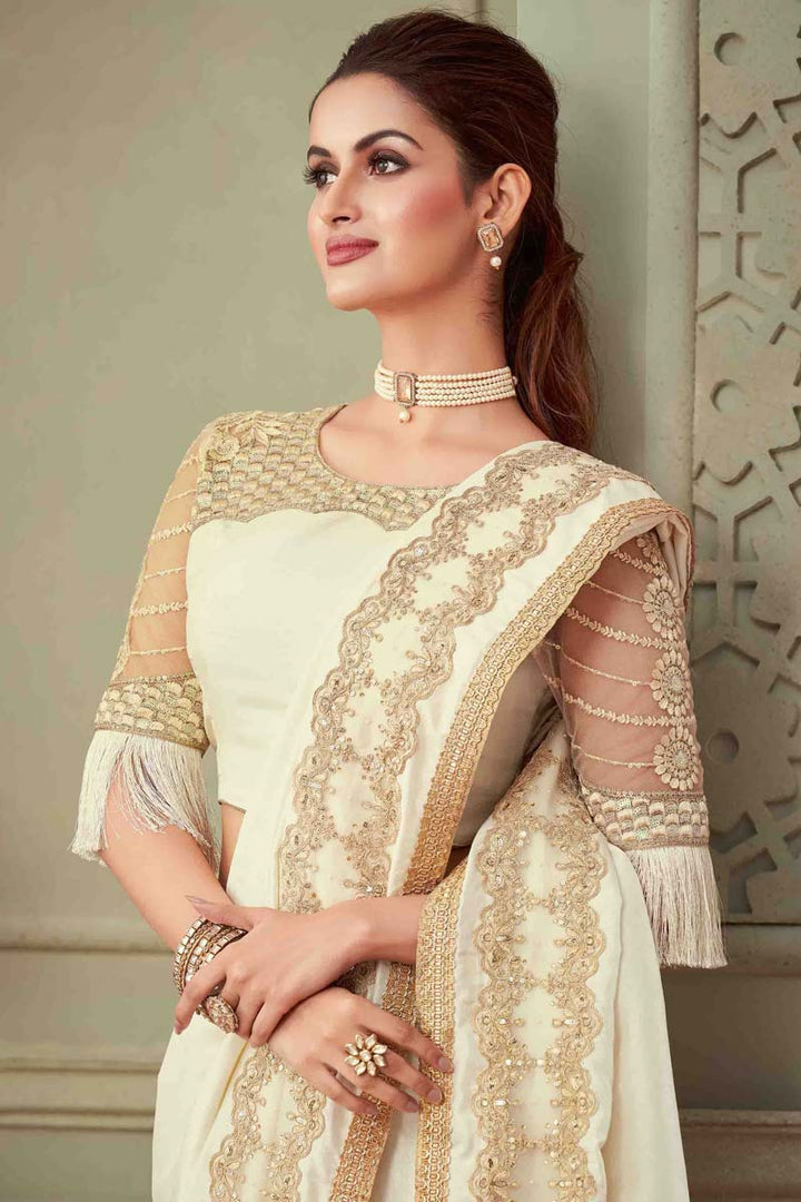 Cream Color Georgette Silk Fabric Party Wear Charismatic Sequins Work Saree