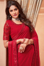 Load image into Gallery viewer, Red Color Mesmeric Sequins Border Work On Function Wear Saree In Georgette Silk Fabric
