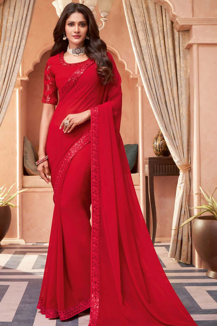 Red Color Mesmeric Sequins Border Work On Function Wear Saree In Georgette Silk Fabric