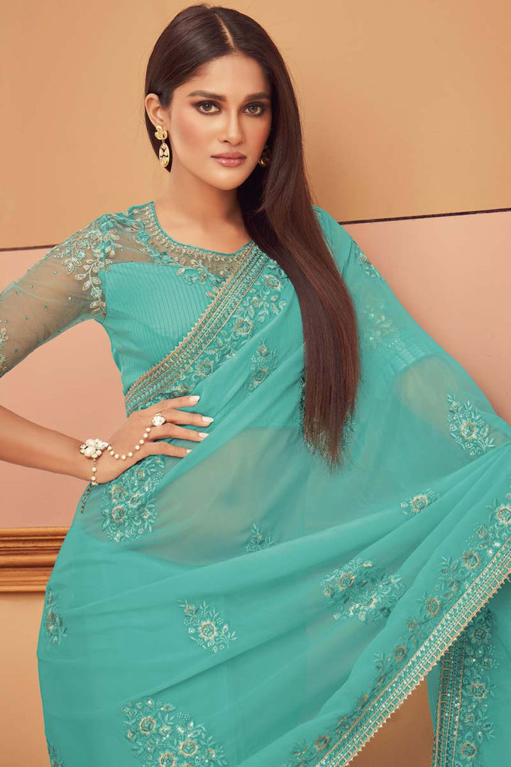 Cyan Color Party Wear Georgette Silk Flamboyant Saree With Embroidered Work