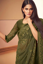 Load image into Gallery viewer, Embroidered Work On Party Wear Lavish Georgette Silk Saree In Olive Color
