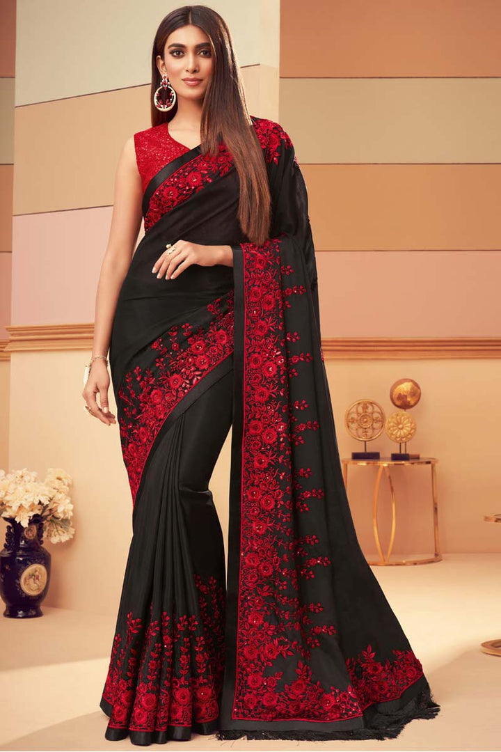 Beguiling Embroidered Work On Black Color Georgette Silk Fabric Party Wear Saree