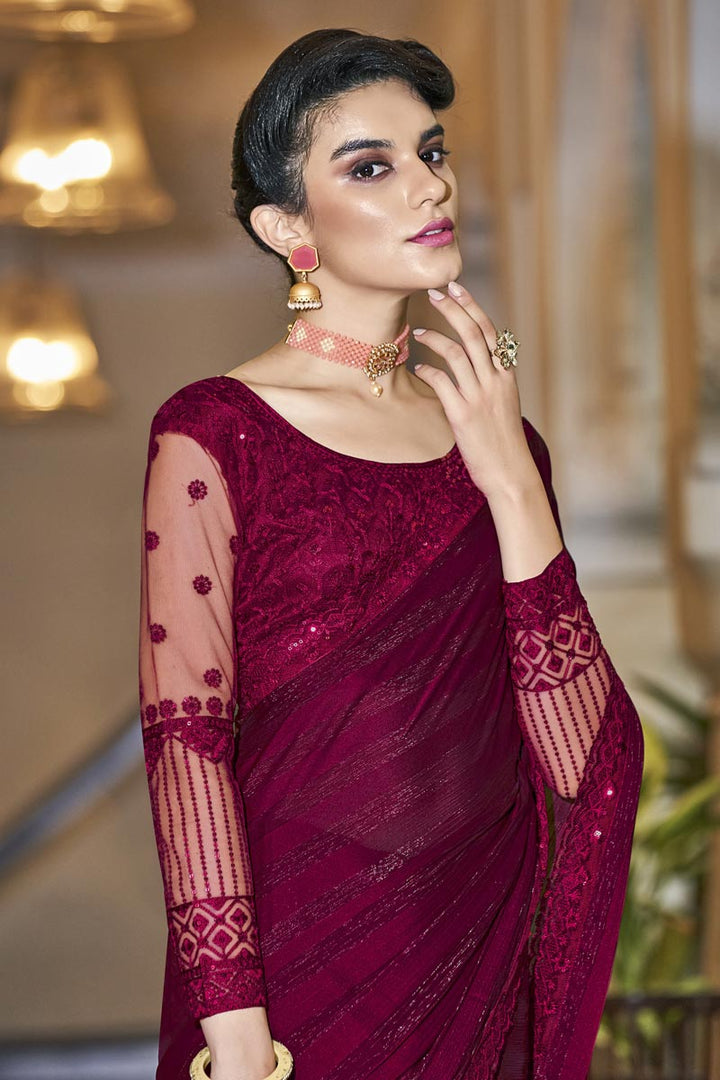 Maroon Color Chiffon Fabric Sequins Work Vintage Party Style Saree