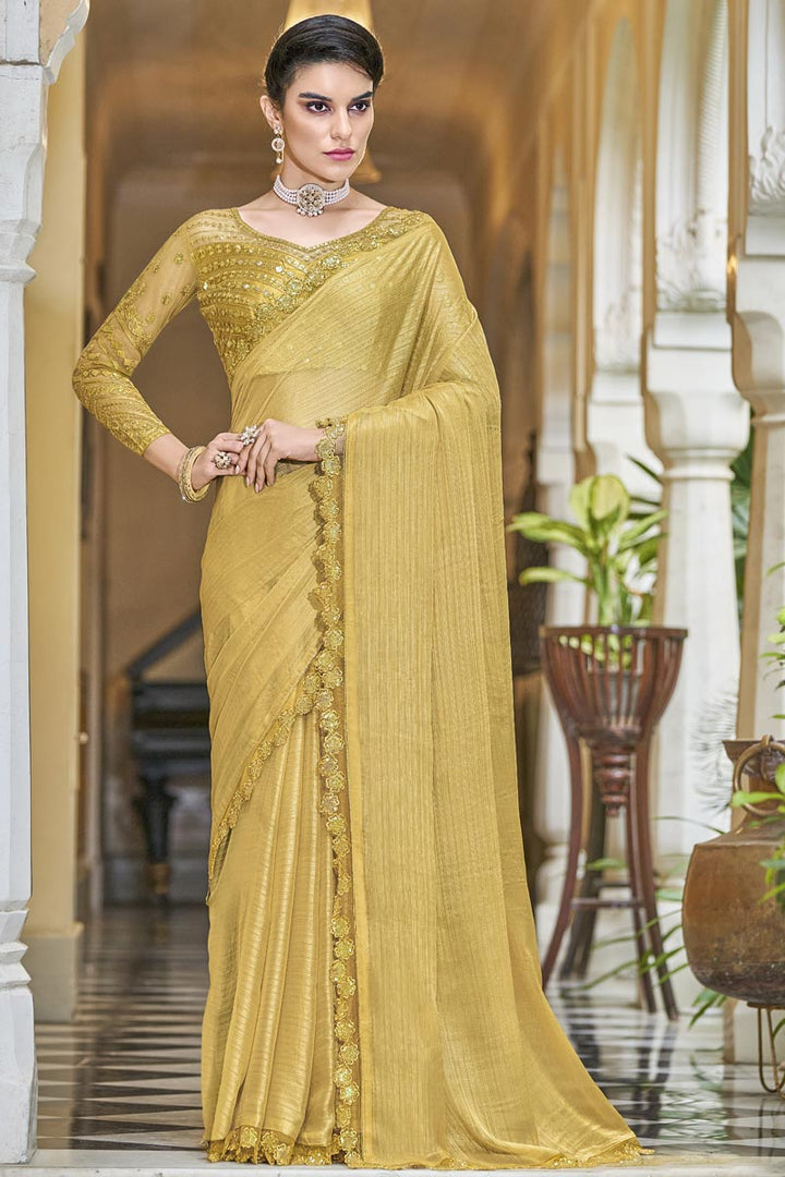 Chiffon Fabric Sequins Work Brilliant Party Style Saree In Yellow Color