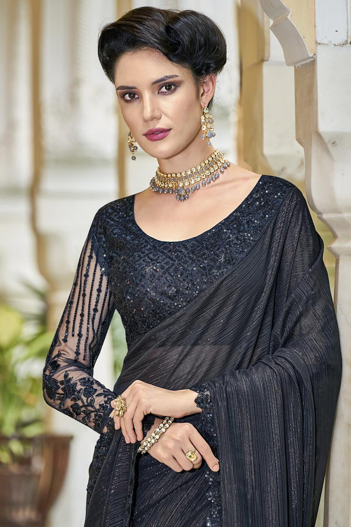 Chiffon Fabric Black Color Sequins Work Soothing Party Style Saree