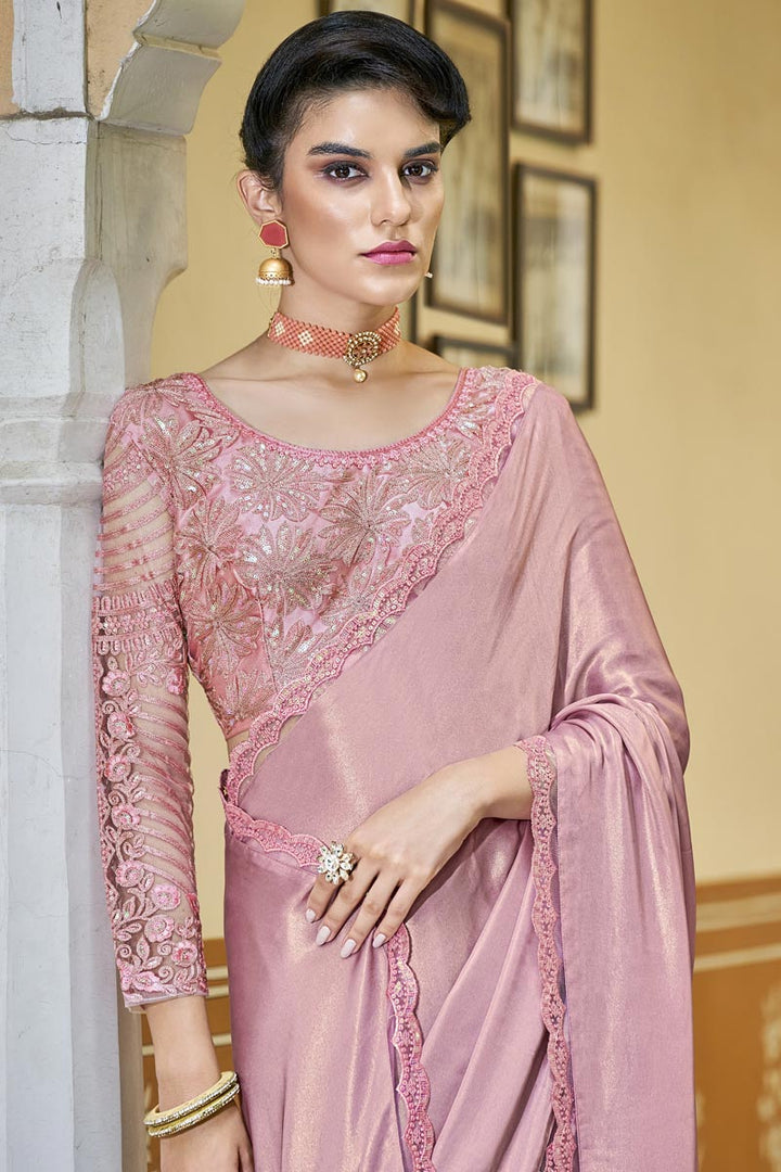 Peach Color Chiffon Fabric Appealing Sequins Party Style Saree