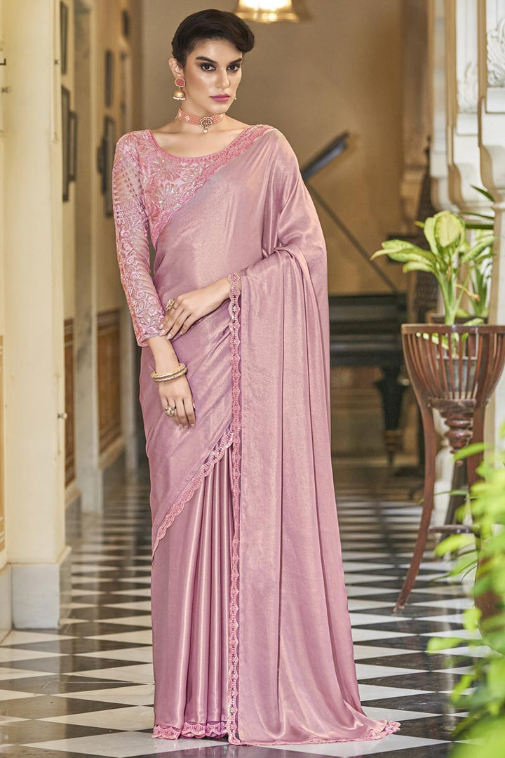 Peach Color Chiffon Fabric Appealing Sequins Party Style Saree
