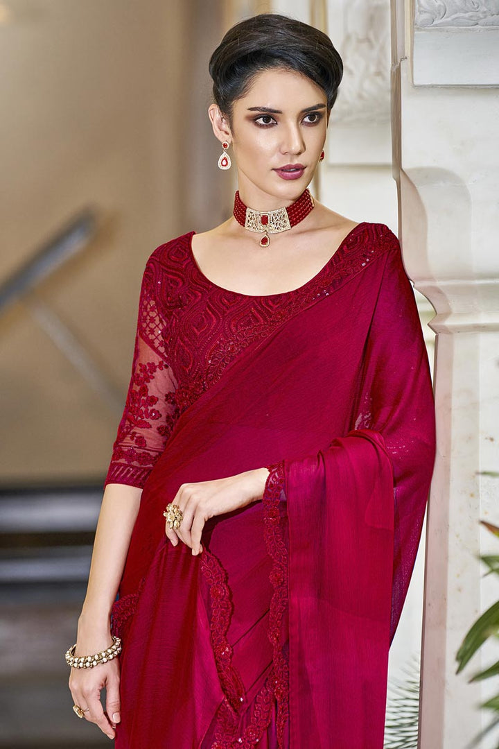 Chiffon Fabric Red Color Sequins Work Fantastic Party Style Saree