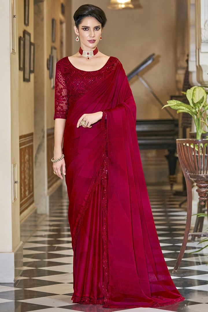 Chiffon Fabric Red Color Sequins Work Fantastic Party Style Saree