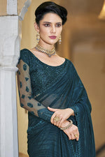 Load image into Gallery viewer, Teal Color Chiffon Fabric Sequins Work Awesome Party Style Saree
