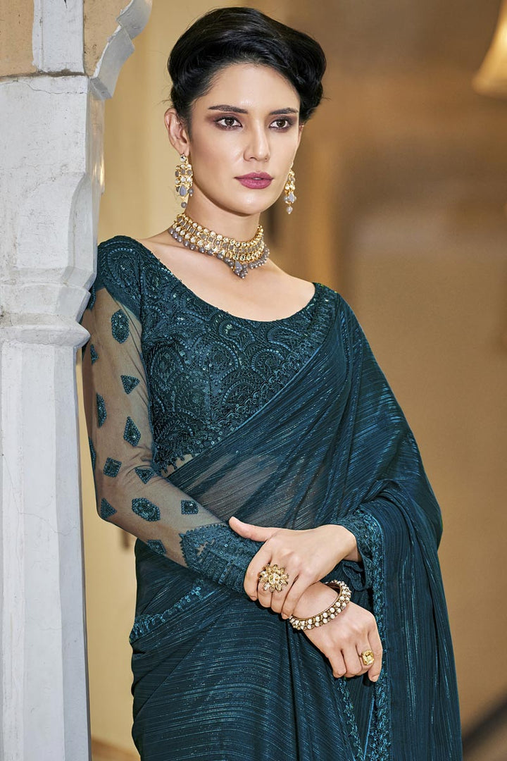 Teal Color Chiffon Fabric Sequins Work Awesome Party Style Saree