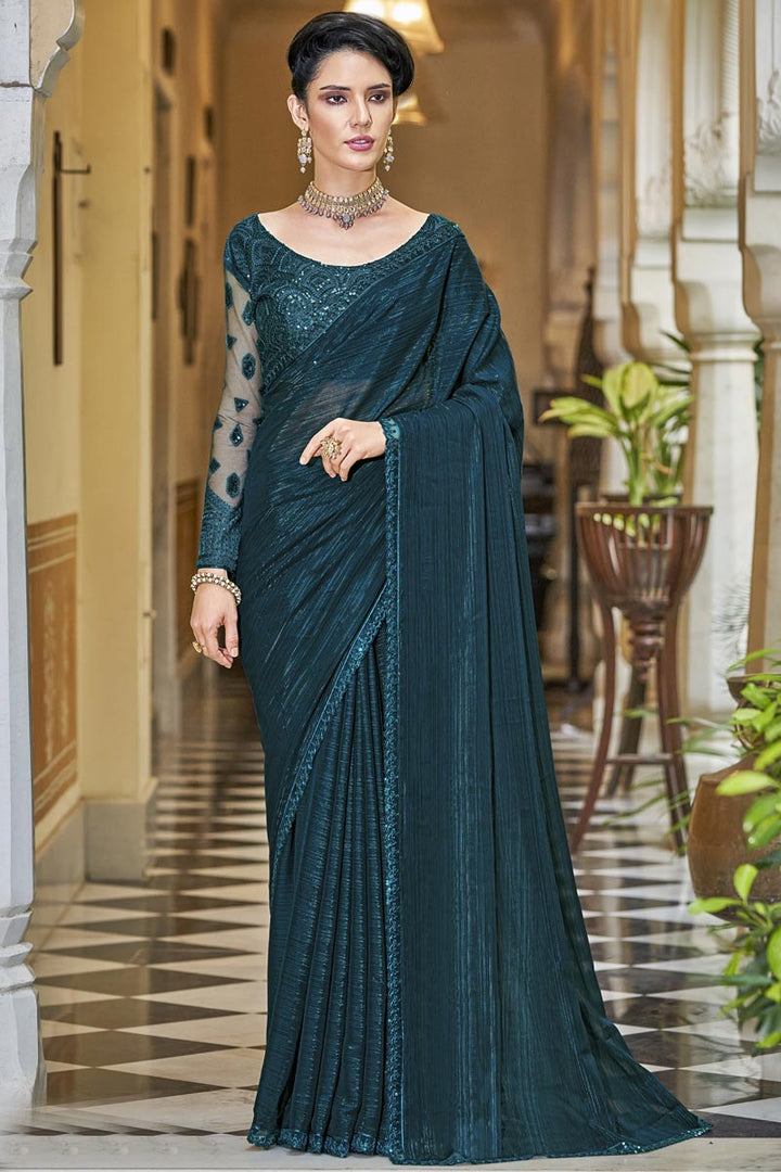 Teal Color Chiffon Fabric Sequins Work Awesome Party Style Saree